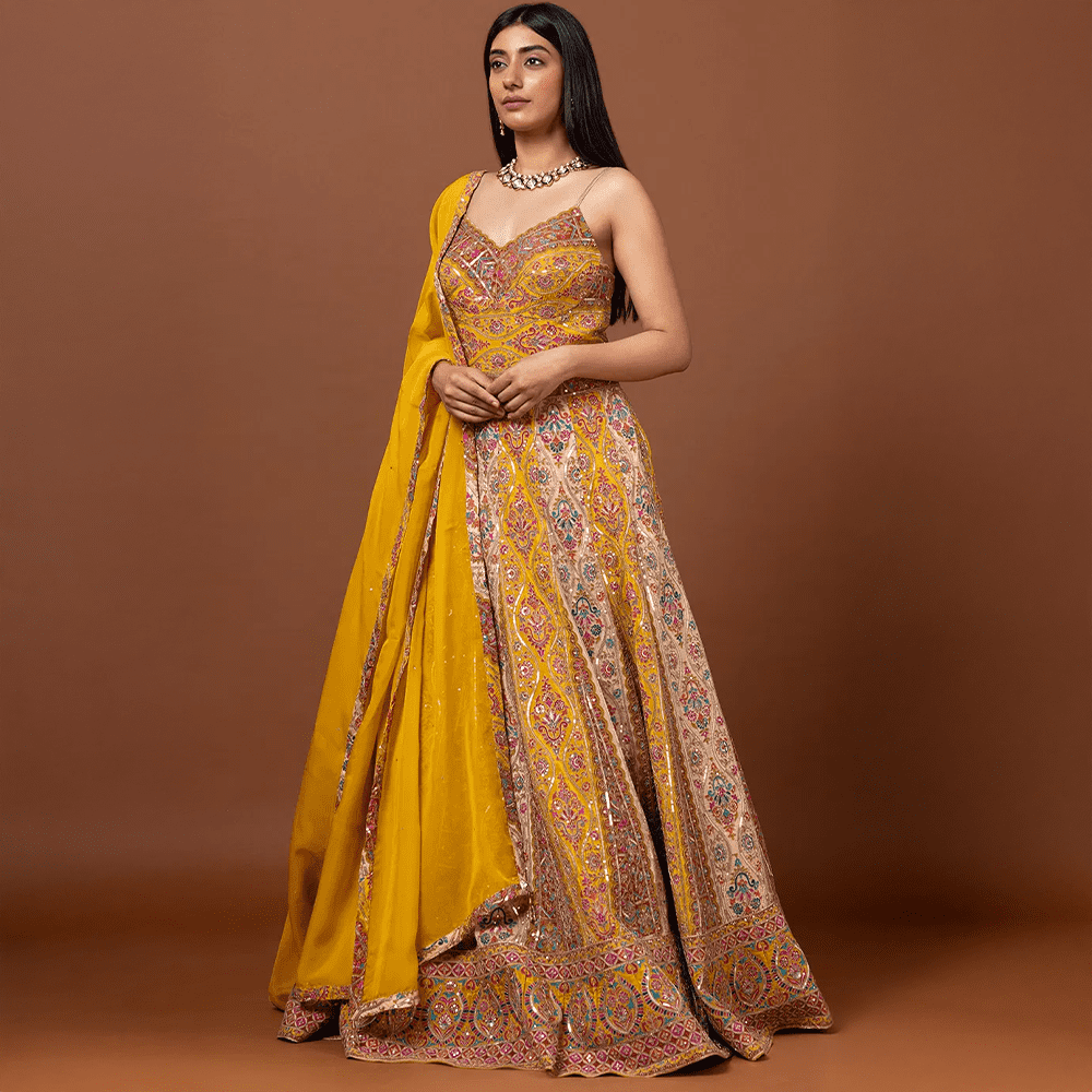 Elegant Long Gown Dress for Haldi Ceremony