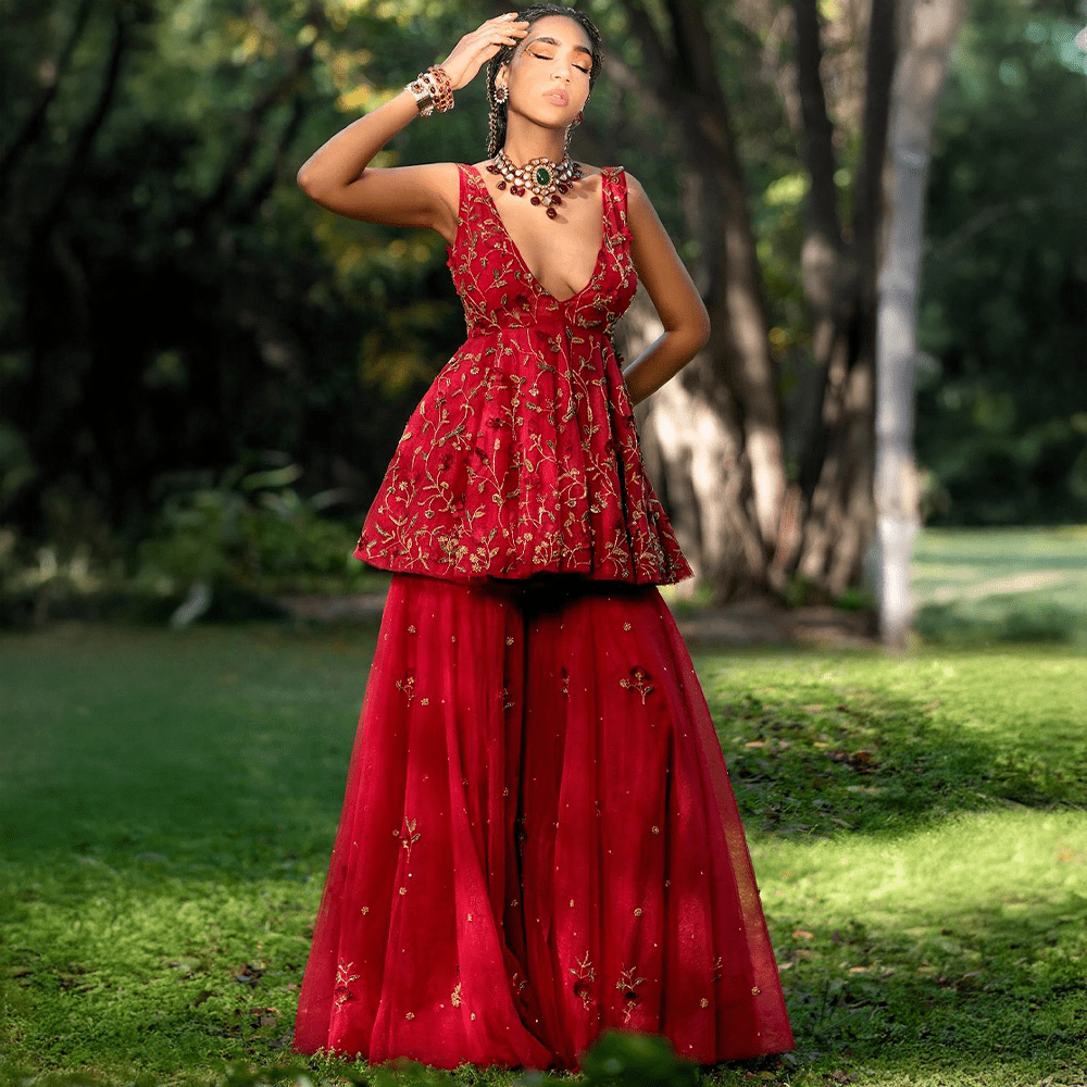 Red Embroidered Two-Piece Set