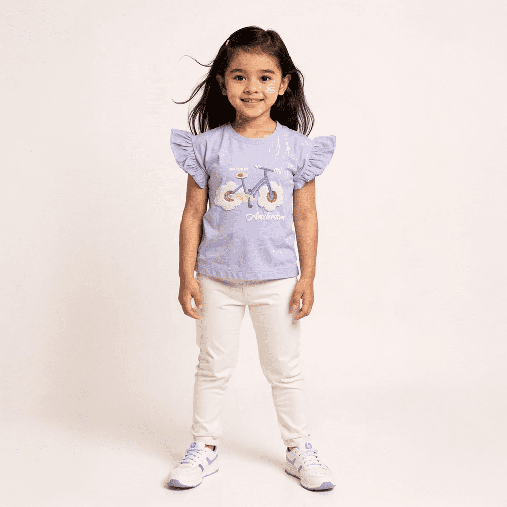 Jeans Top Set for Girls - White & Purple Combo