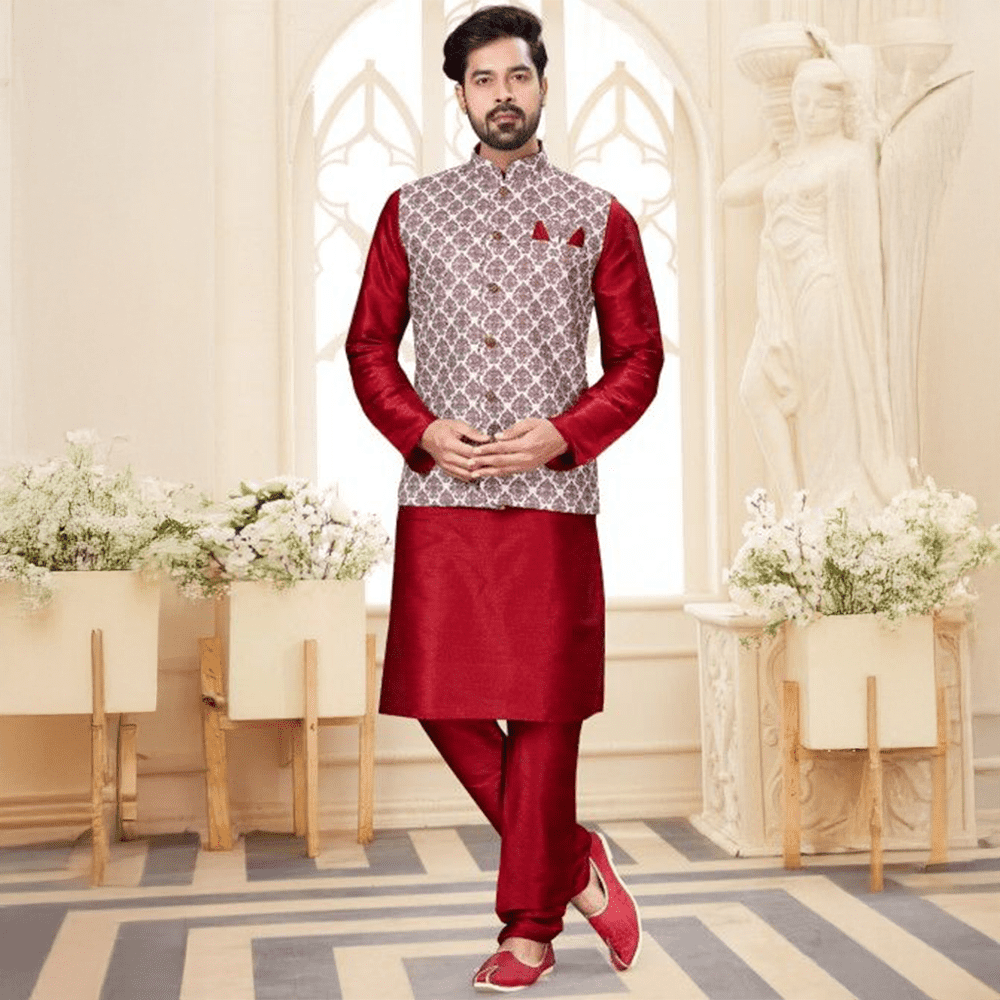 Red Kurta Pajama with Bundi Set
